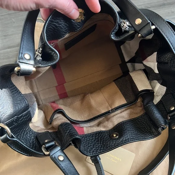BURBERRY Maidstone Black Leather House Check Canvas Small Tote Bag - Picture 4 of 14